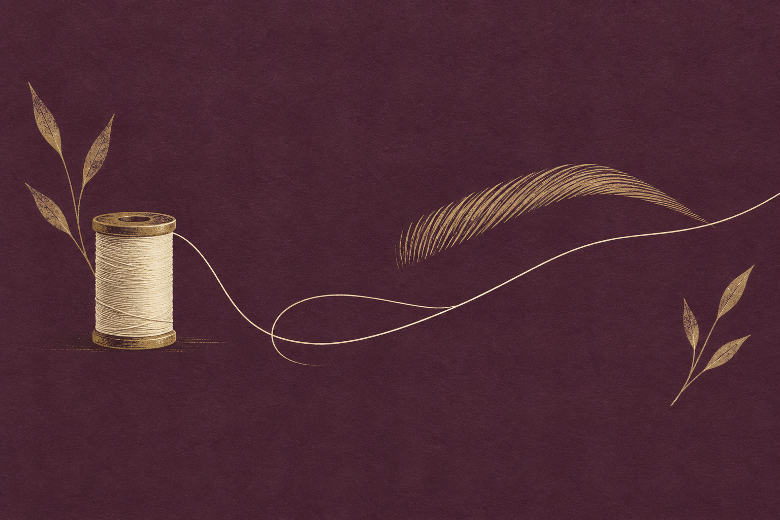Editorial illustration of a thread spool, fine thread line, and graceful brow arc on deep plum